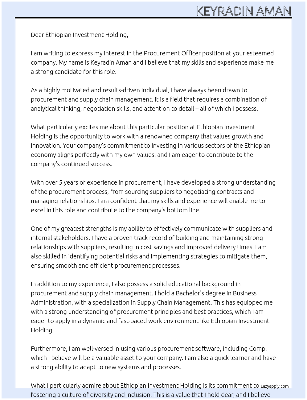 Procurement officer At Ethiopian Investment HOlding Cover Letter