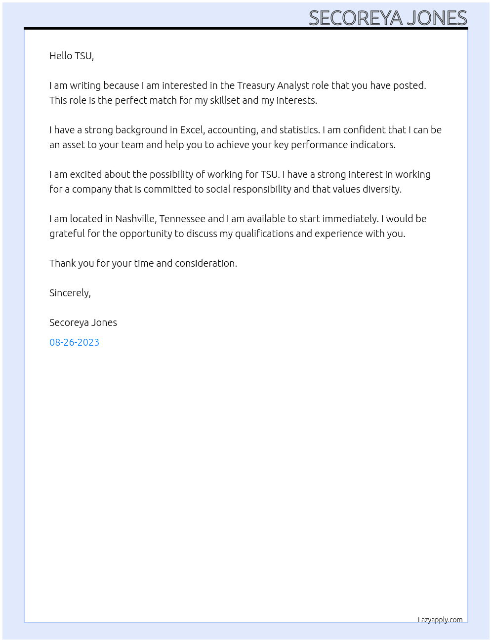 Treasury Analyst At TSU Cover Letter