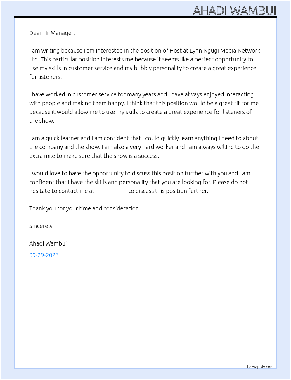 Host At Lynn Ngugi Media Network Ltd Cover Letter