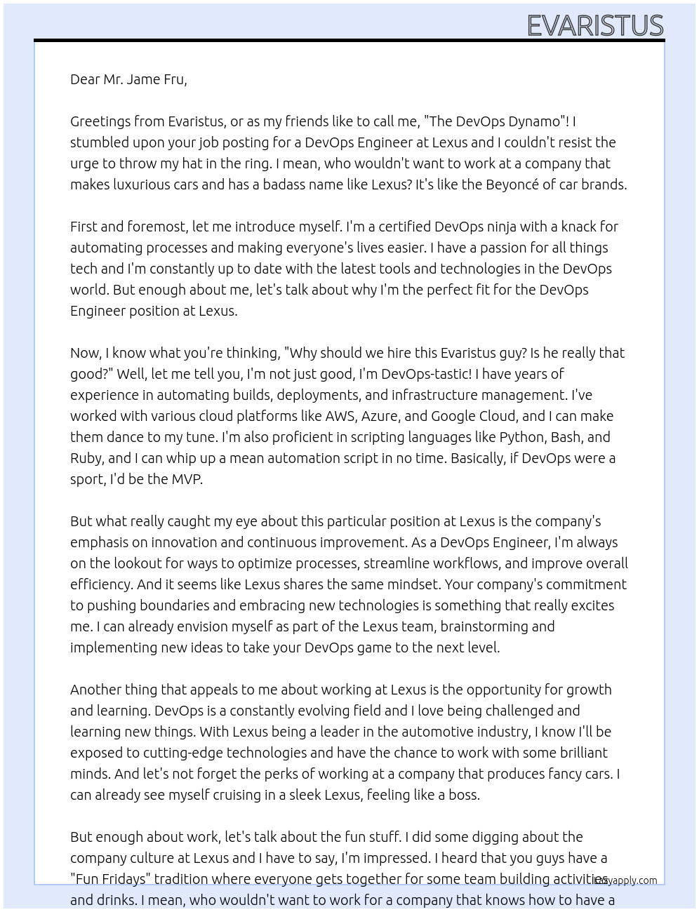 DevOps Engineer At Lexus Cover Letter