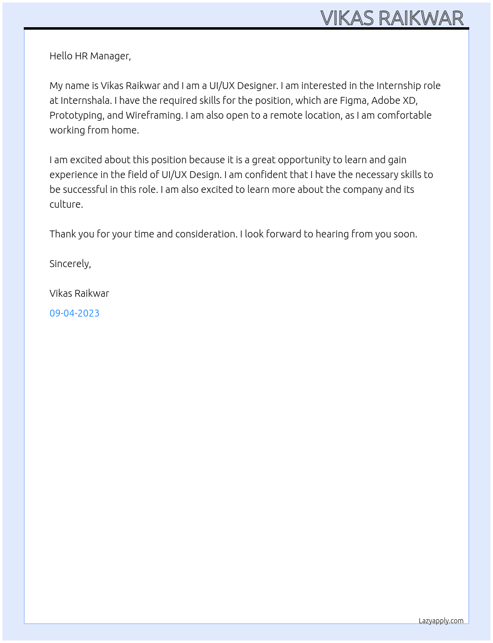UI/UX Designer At Internshala Cover Letter