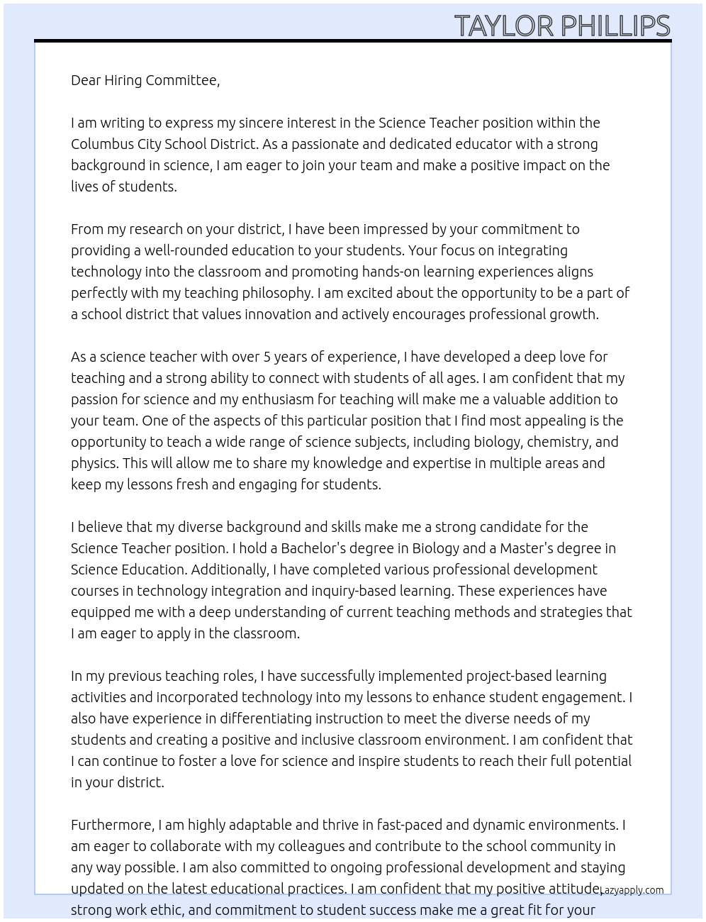 Science Teacher At Columbus City School District Cover Letter
