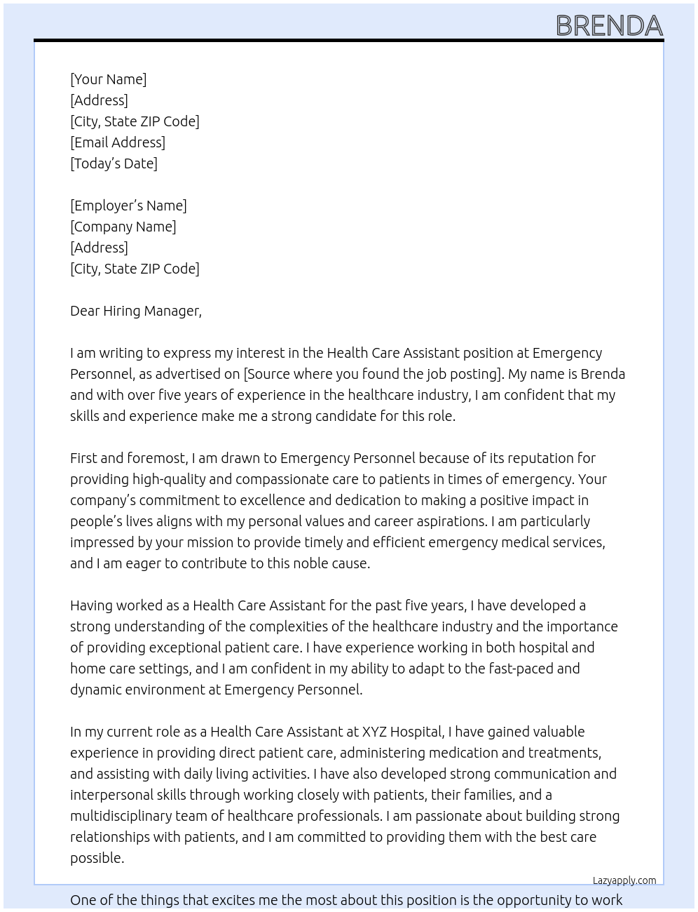 Health Care Assistant At Emergency Personnel Cover Letter