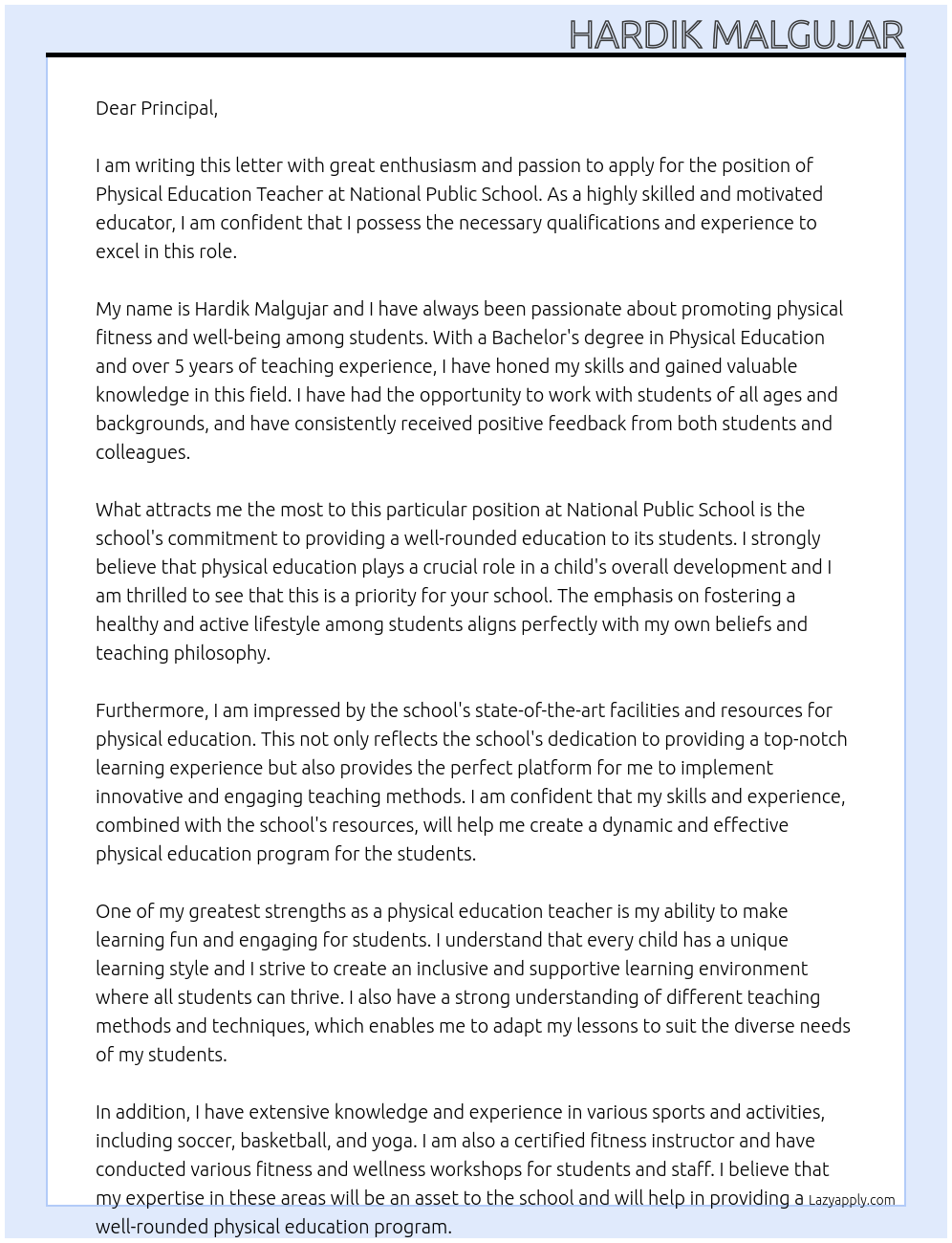physical Education teacher At National Public school Cover Letter