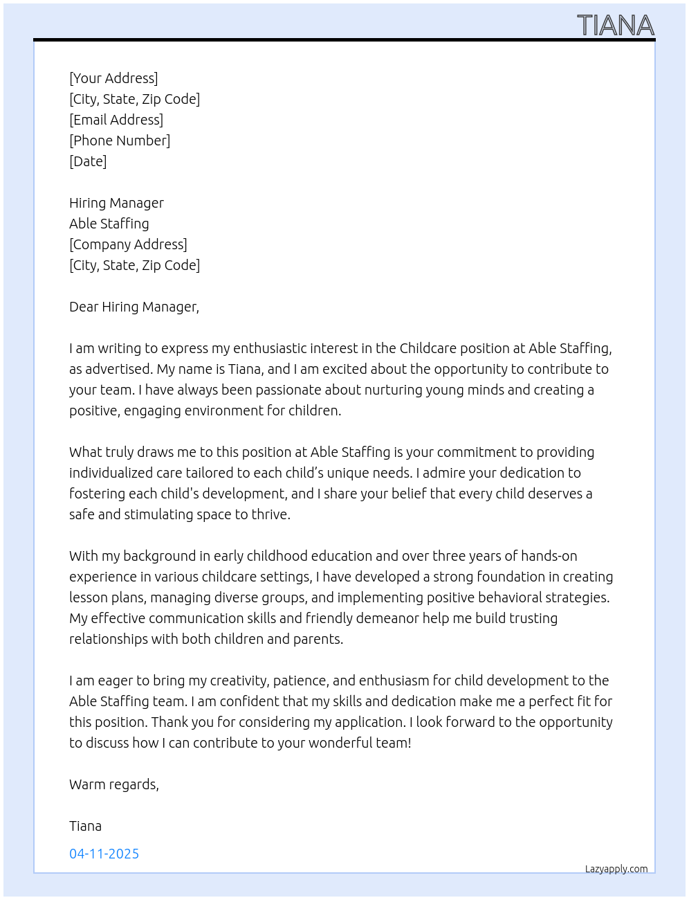 Cover letter for childcare - LazyApply
