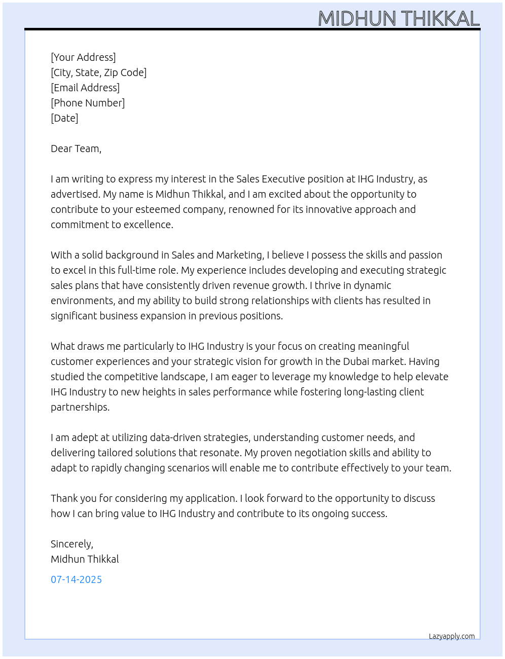 Sales executive  At IHG Industry  Cover Letter