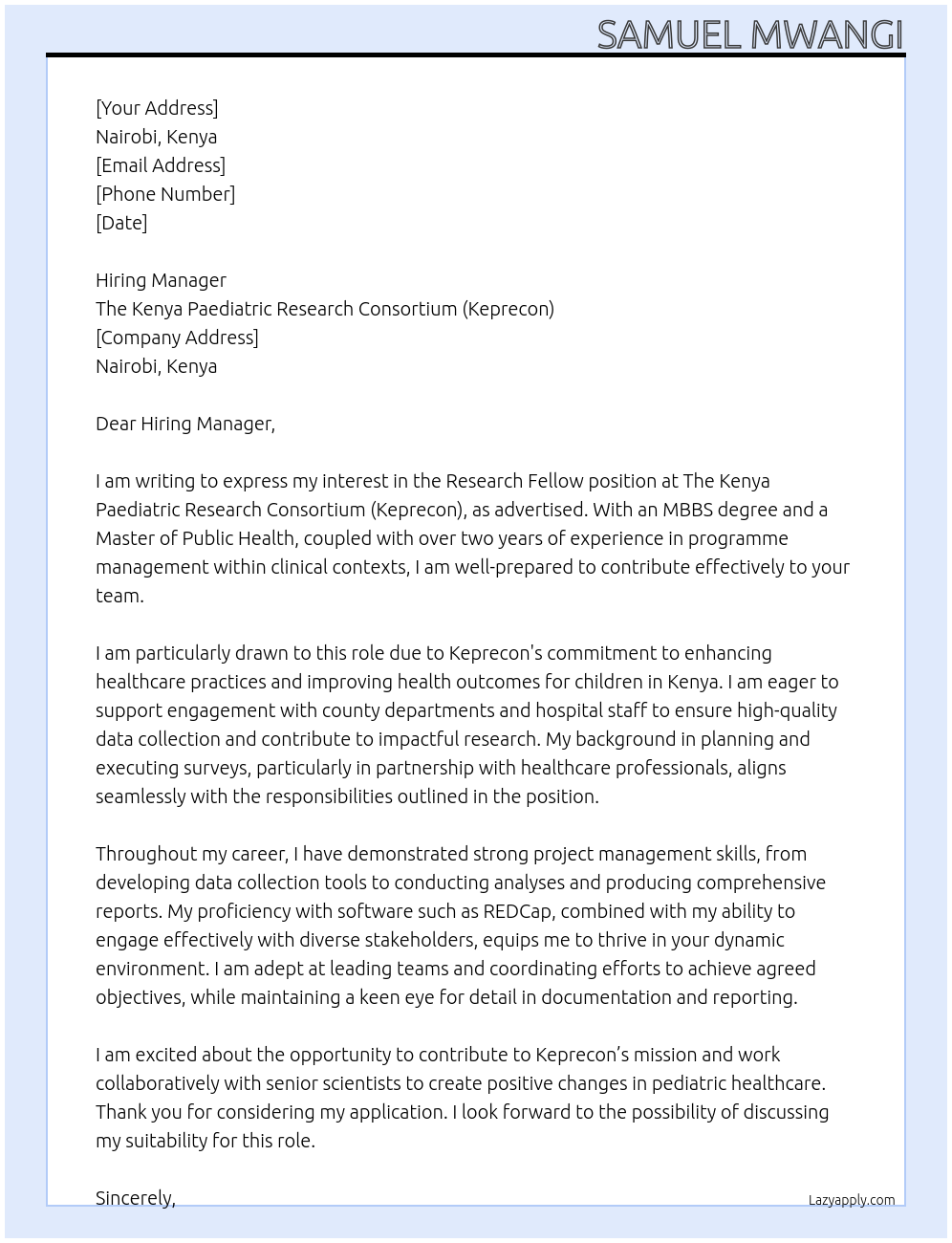 research fellow At The Kenya Paediatric Research Consortium (Keprecon) Cover Letter