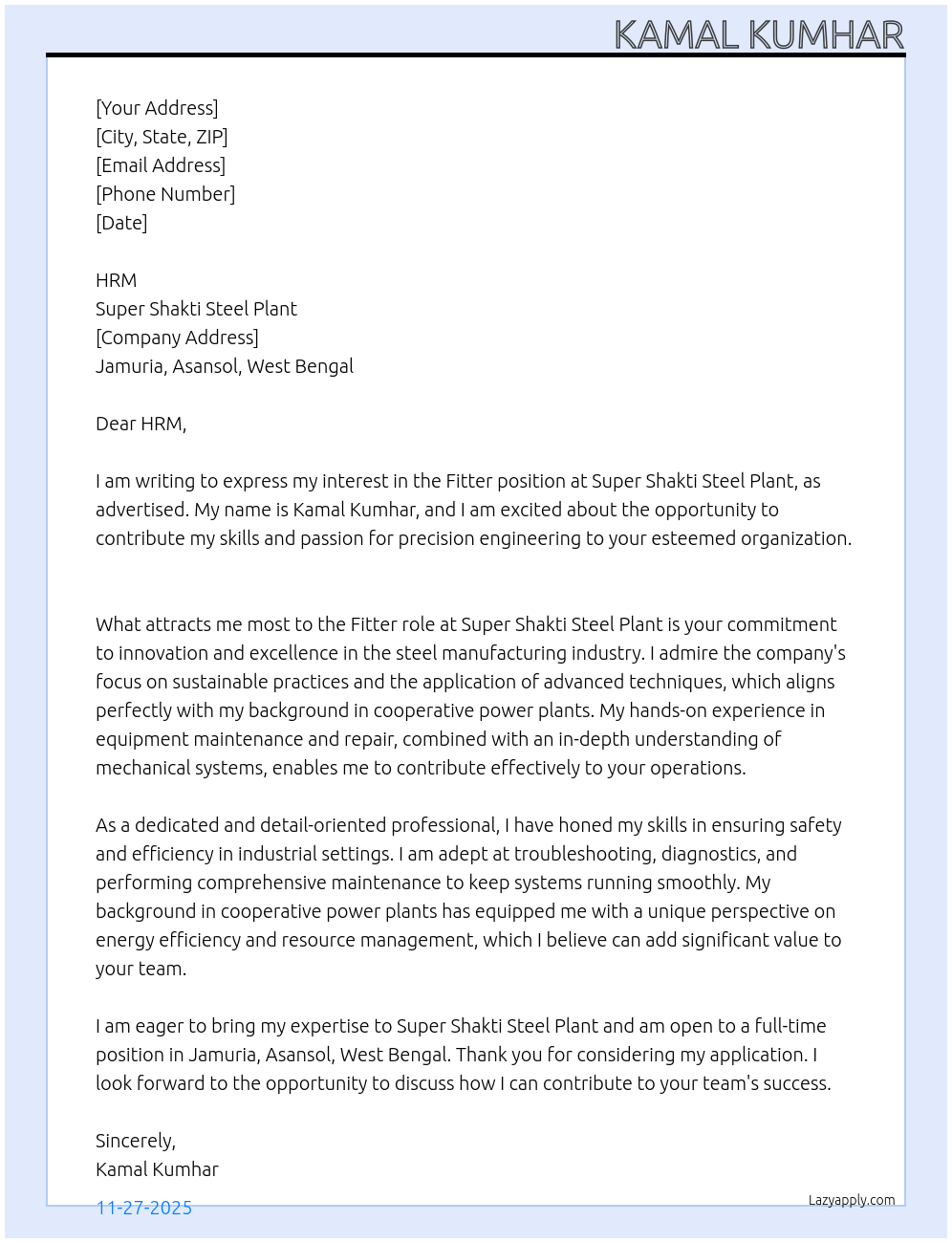 FITTER At SUPER SHAKTI STEEL PLANT Cover Letter