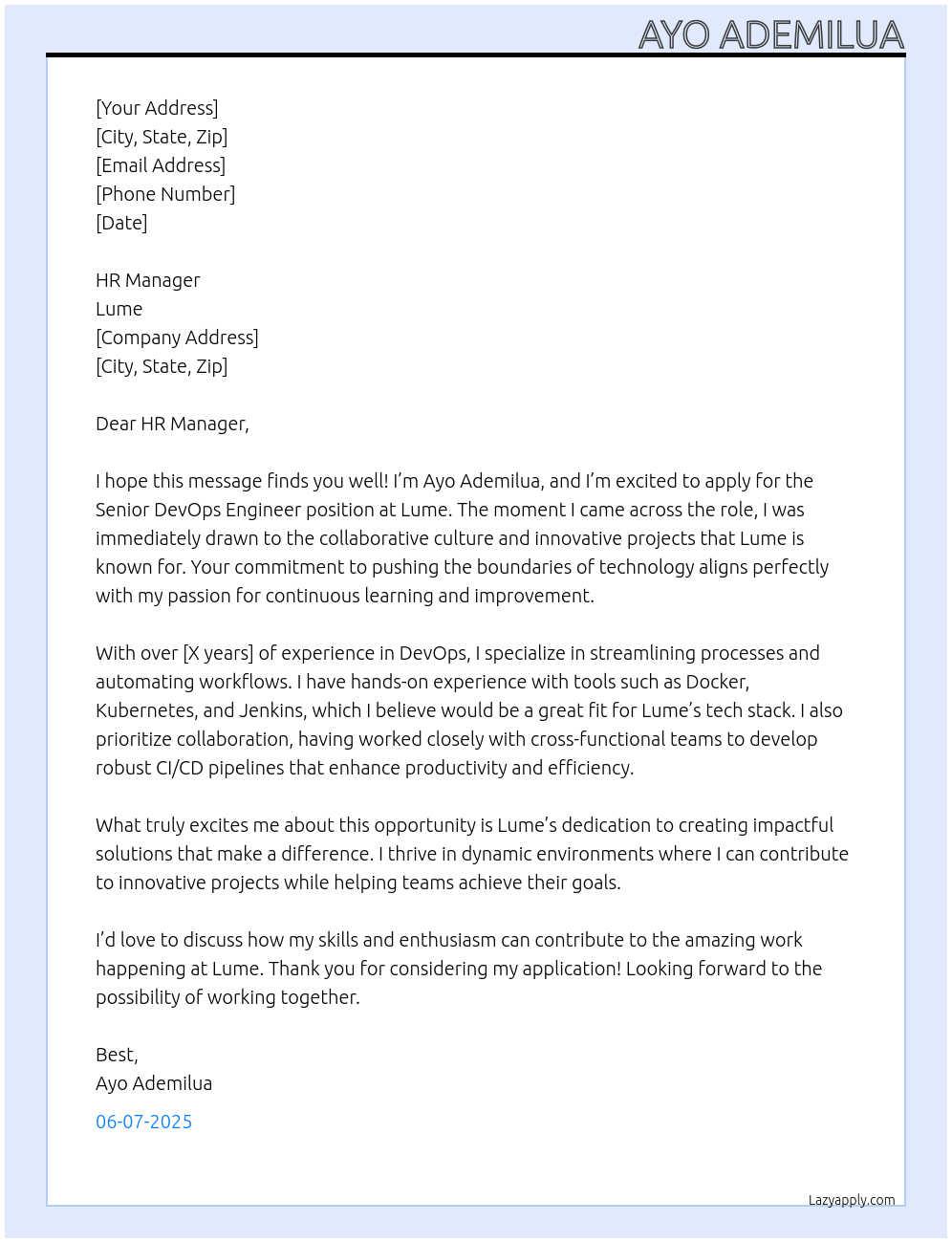 Cover letter for senior devops engineer - LazyApply