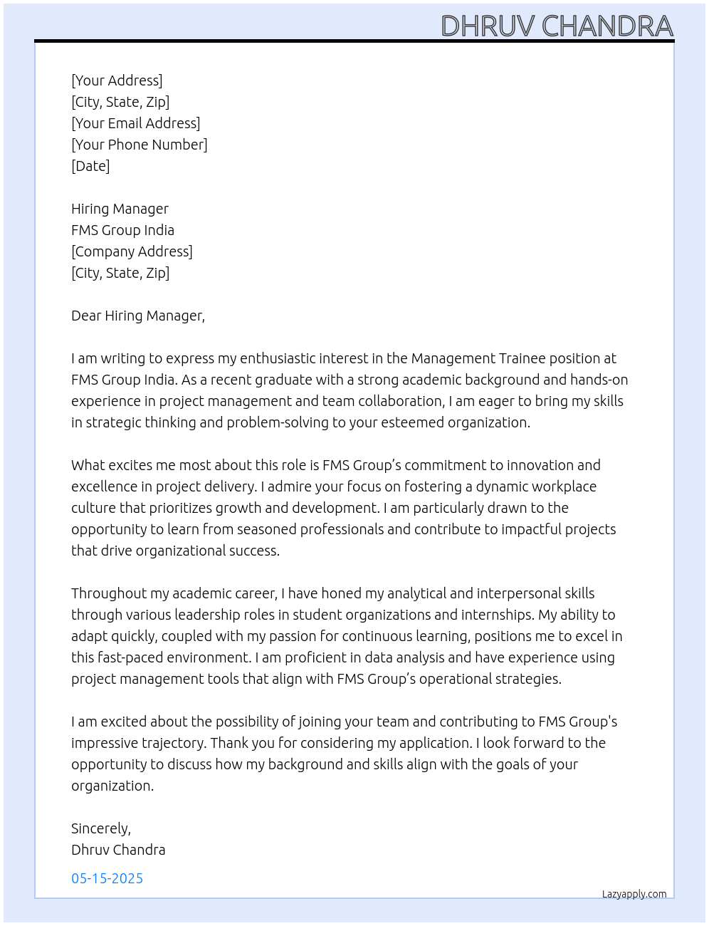 Management Trainee At FMS GROUP INDIA Cover Letter