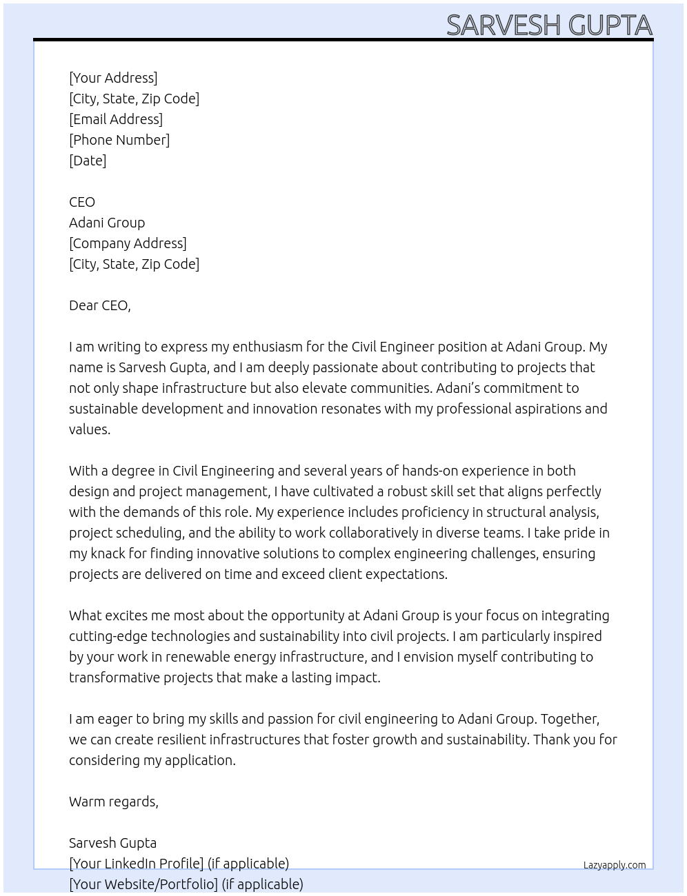Civil engineer At Adani group Cover Letter
