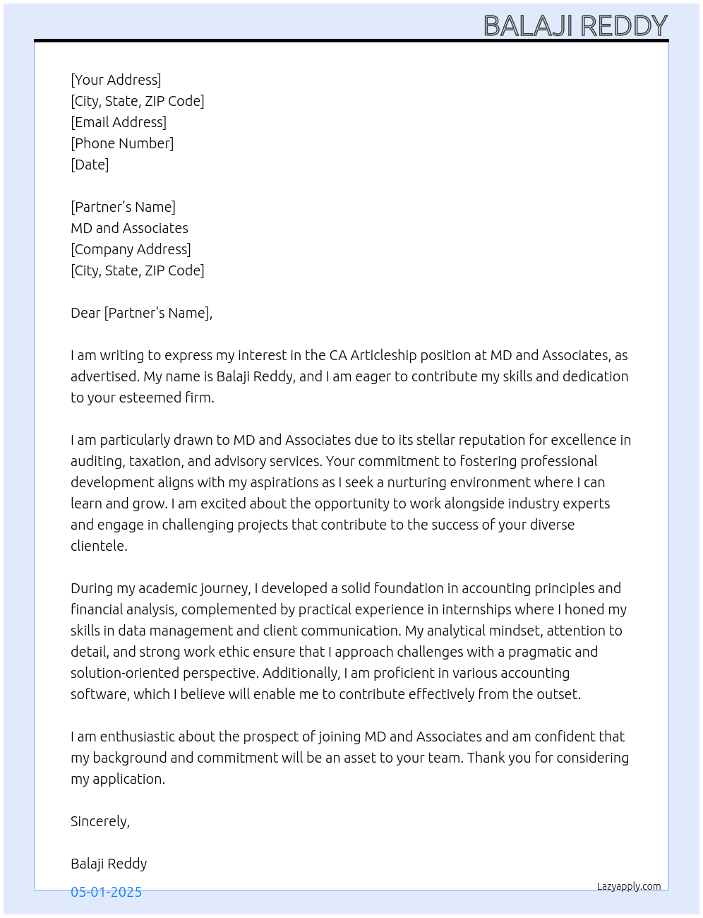 CA articleship At MD and Associates Cover Letter