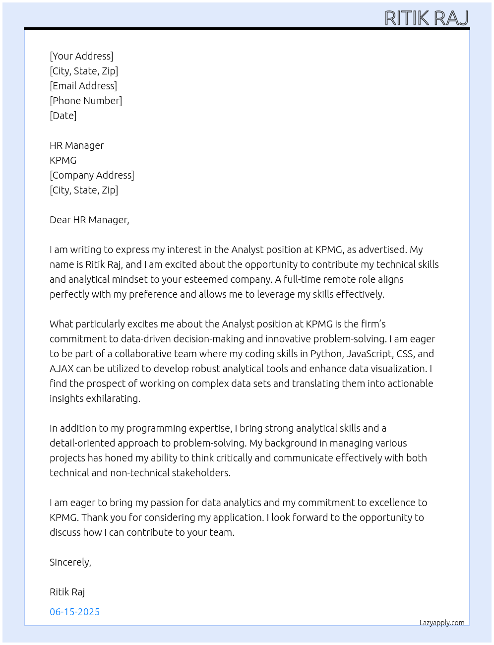 analyst At kpmg Cover Letter