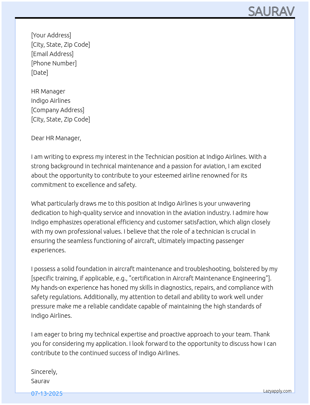 Technician At Indigo Airlines Cover Letter