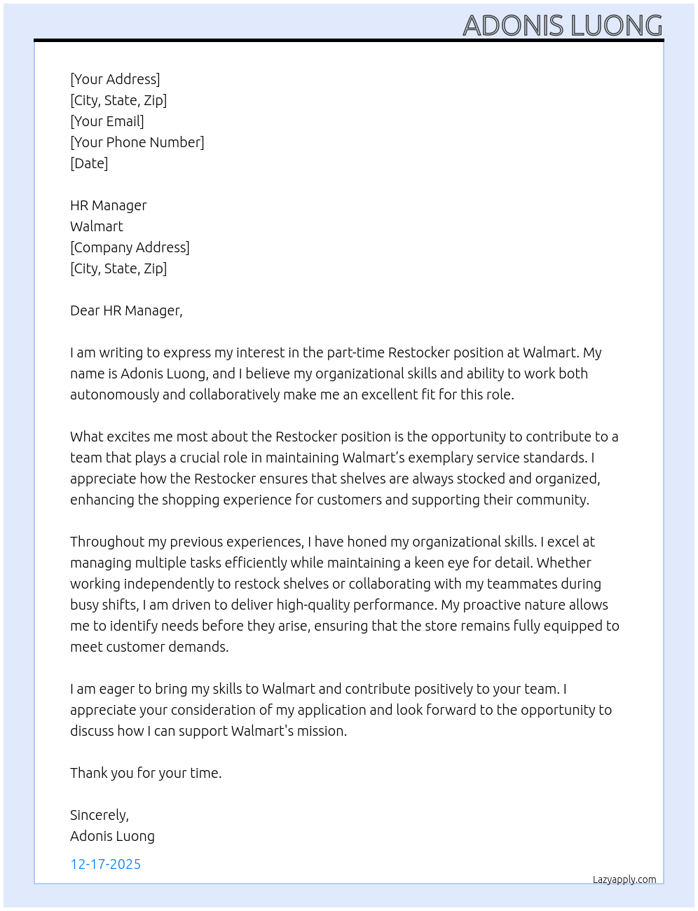 Restocker At Walmart Cover Letter