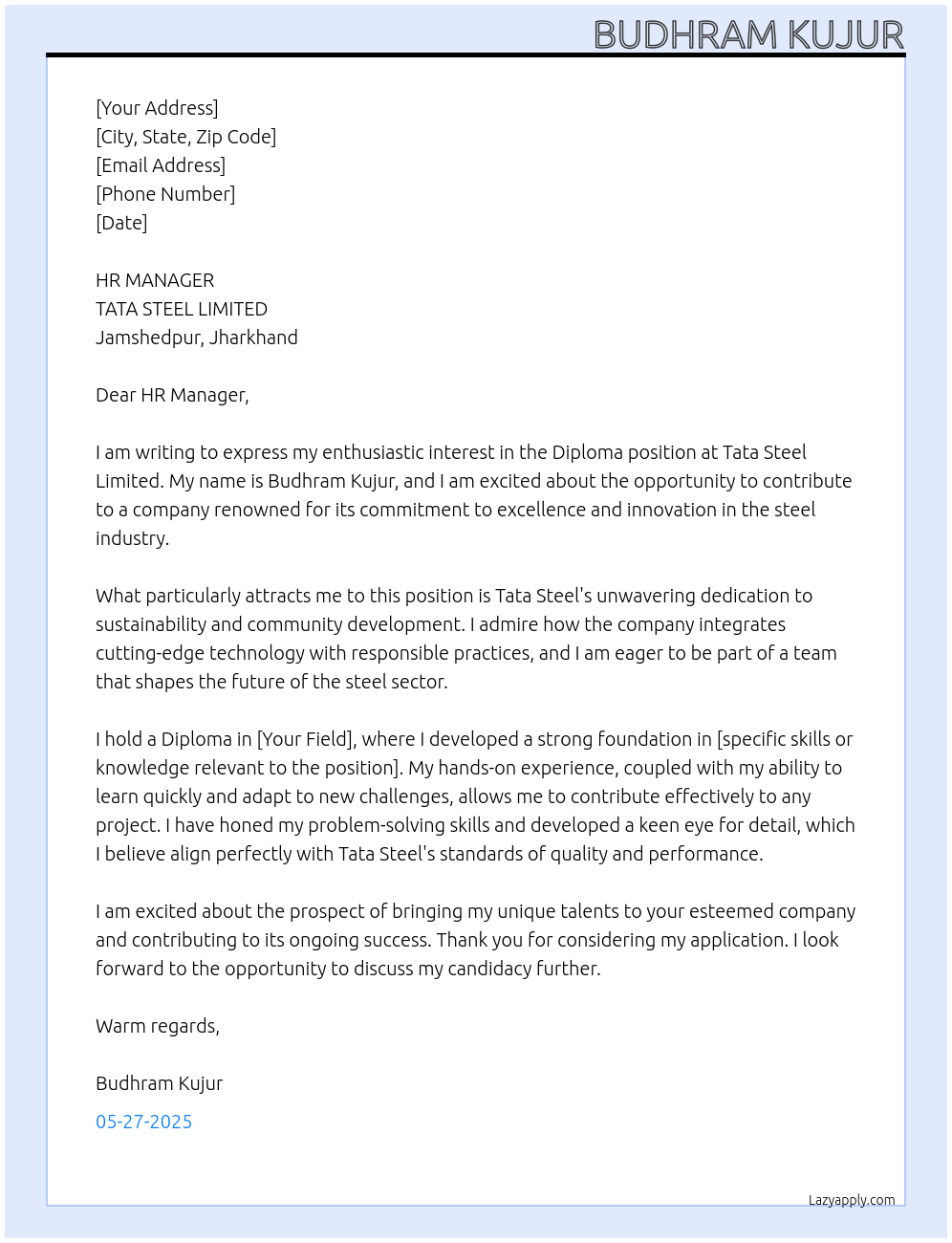 DIPLOMA At TATA STEEL LIMITED Cover Letter