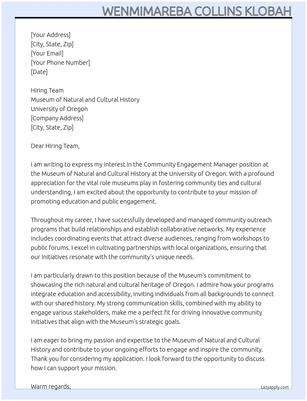 Cover letter for community engagement manager - LazyApply