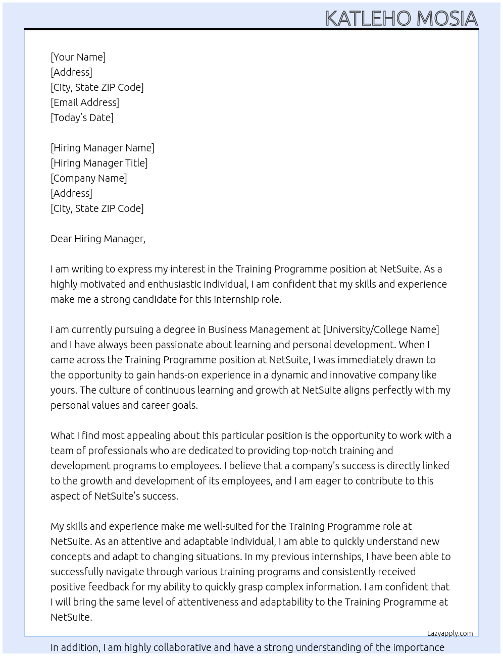 Training Programme At NetSuite Cover Letter
