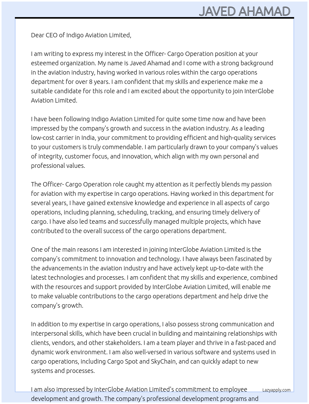 Cover letter for officer- cargo operation - LazyApply