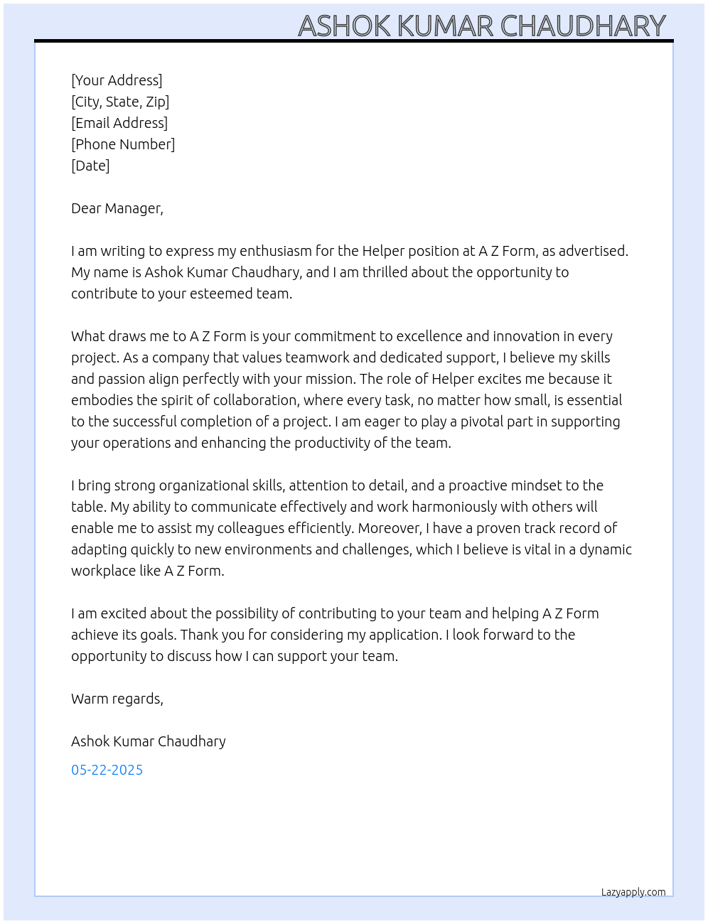 Helper At A z form  Cover Letter