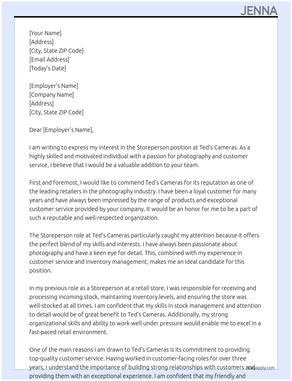 Storeperson At Ted's Cameras Cover Letter