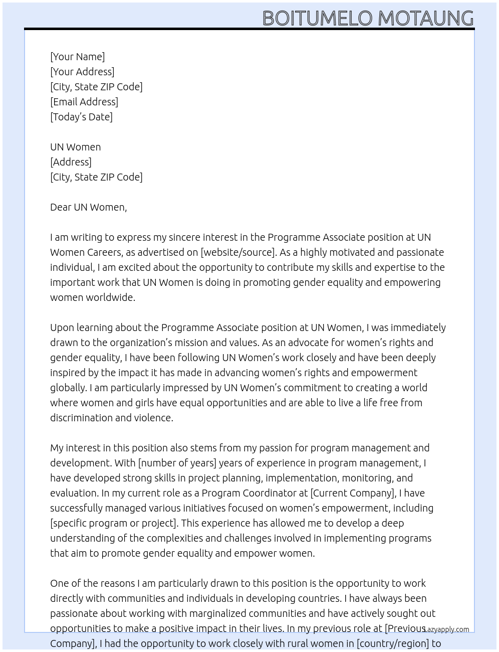 Programme Associate At UN Women Careers Cover Letter