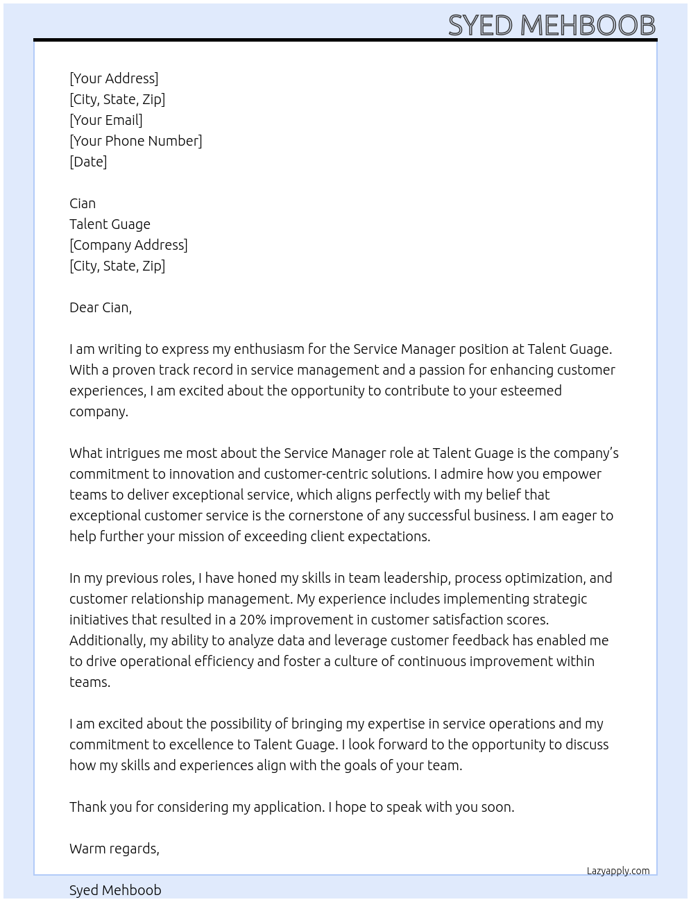 Cover letter for service manager - LazyApply