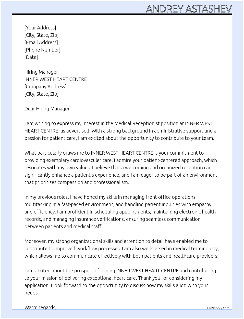 Medical receptionist At INNER WEST HEART CENTRE Cover Letter