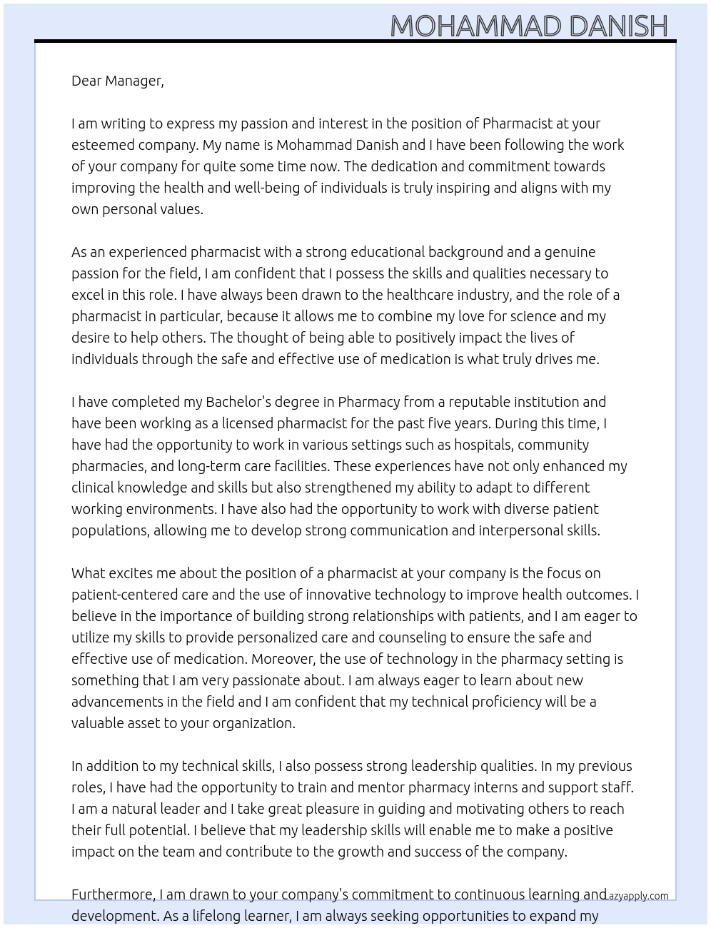 Pharmacist At for any company Cover Letter