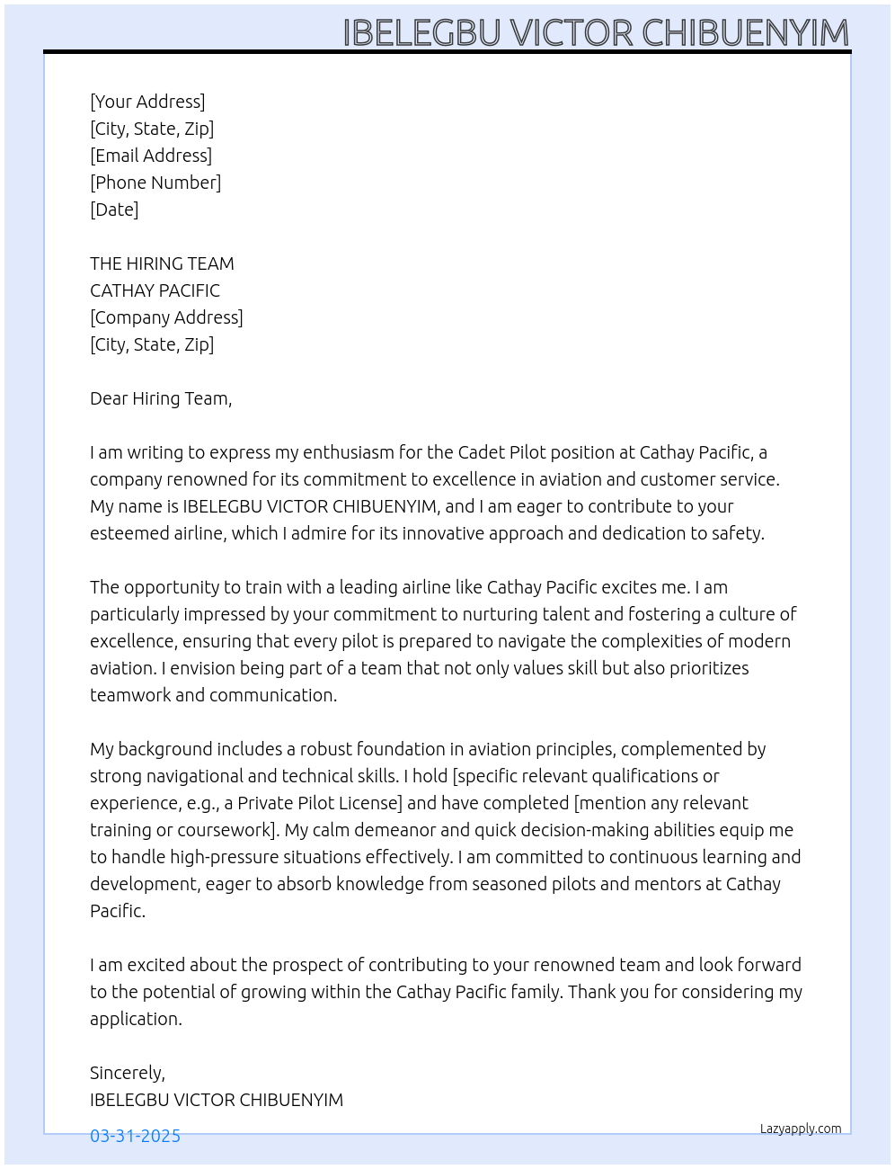 cadet pilot At CATHAY PACIFIC Cover Letter