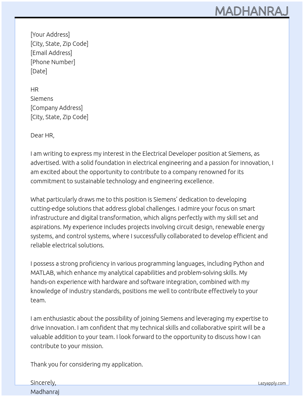 Electrical Developer At Siemens Cover Letter