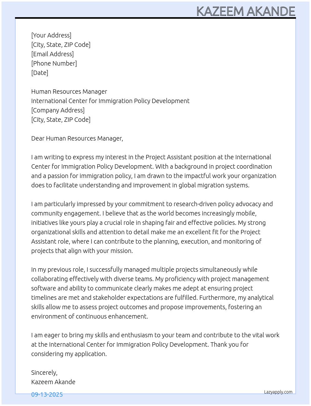 Project Assistant At International Center for Immigration Policy Development Cover Letter