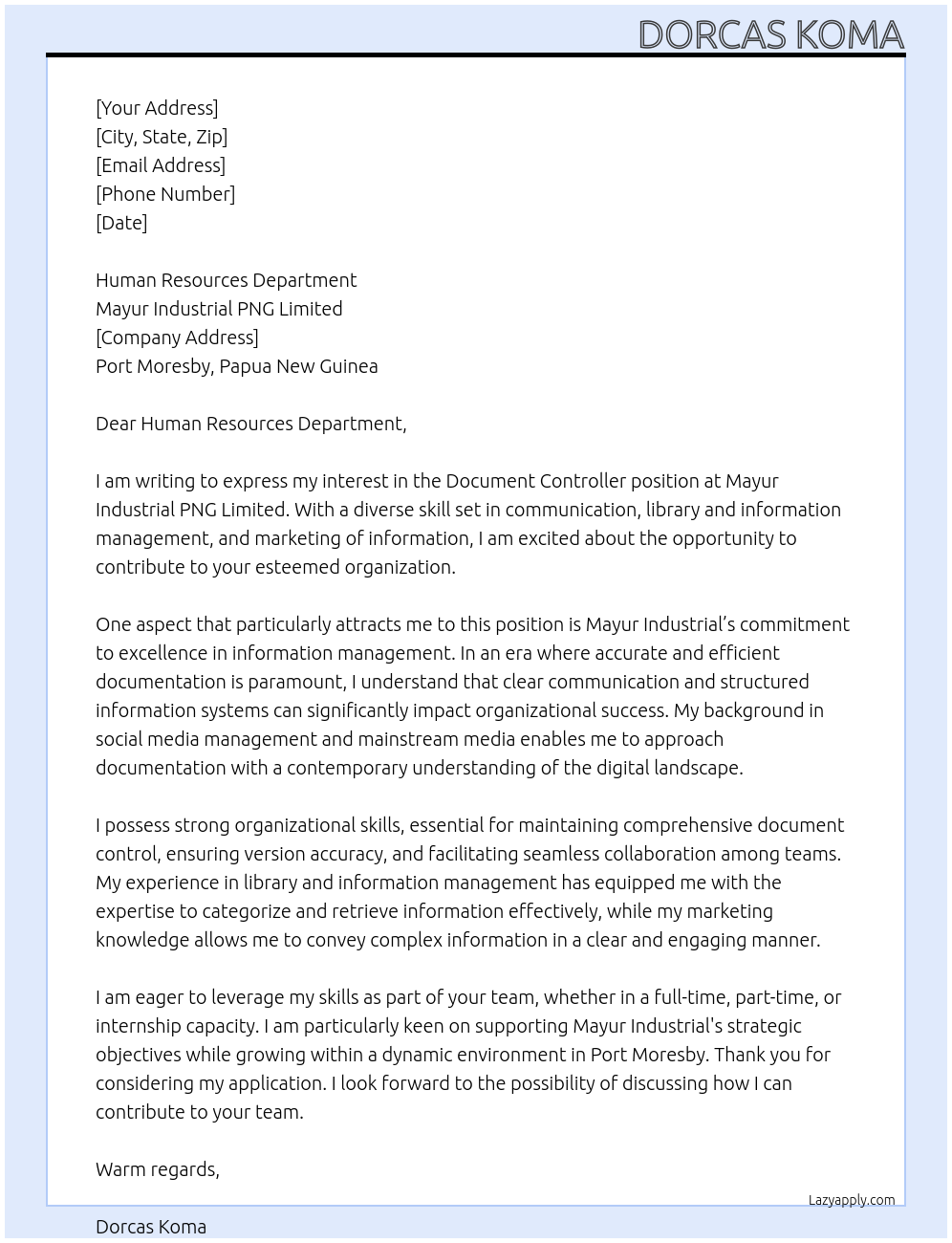 Document Controller At Mayur Industrial PNG Limited Cover Letter