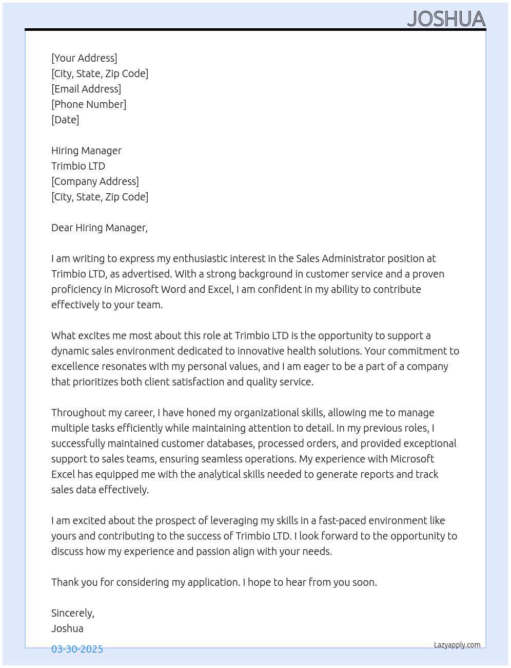 Sales administrator At Trimbio LTD Cover Letter