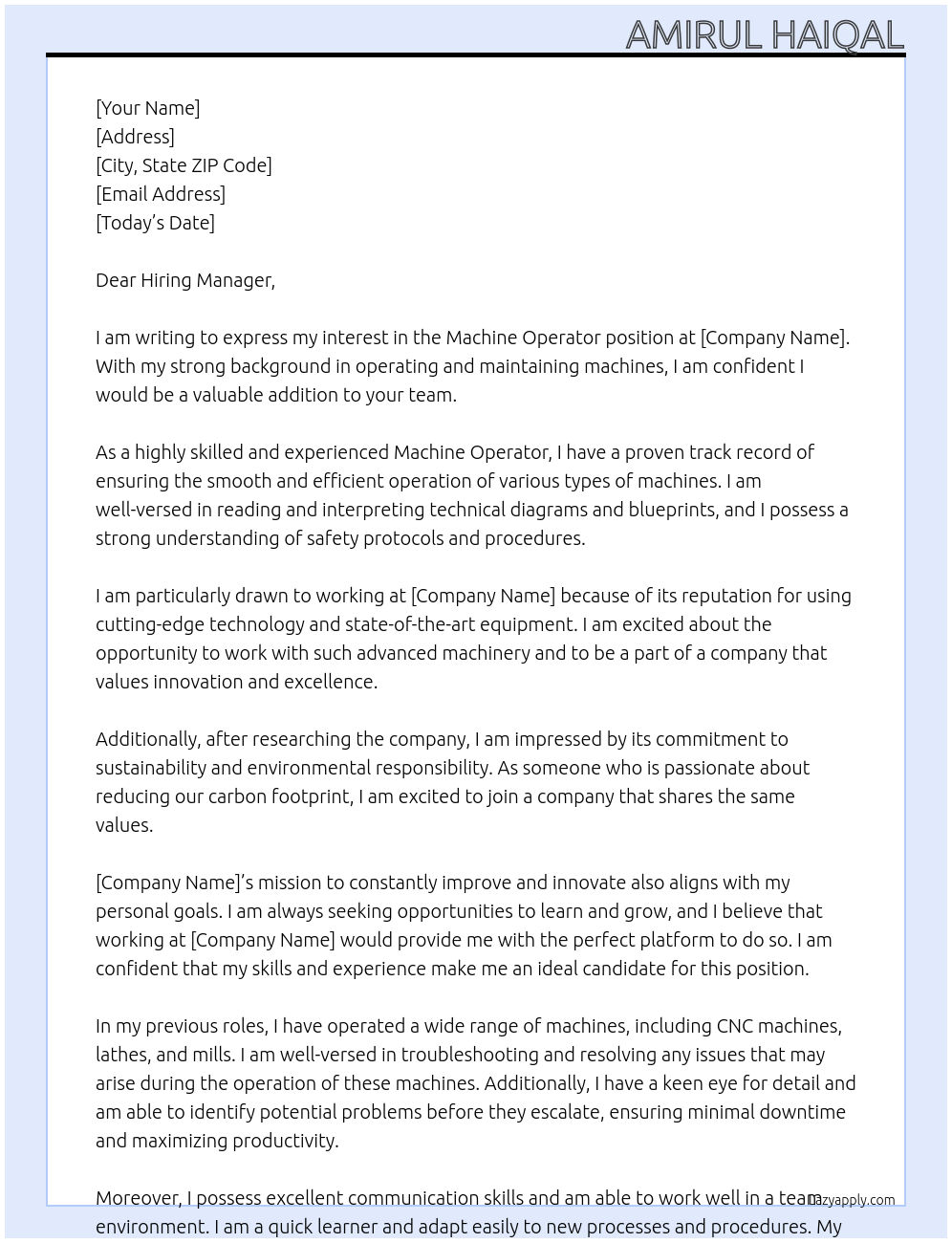 MACHINE OPERATOR At AGENCY Cover Letter