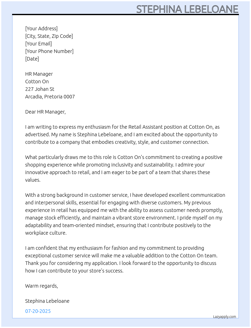 Retail Assistant At Cotton On Cover Letter