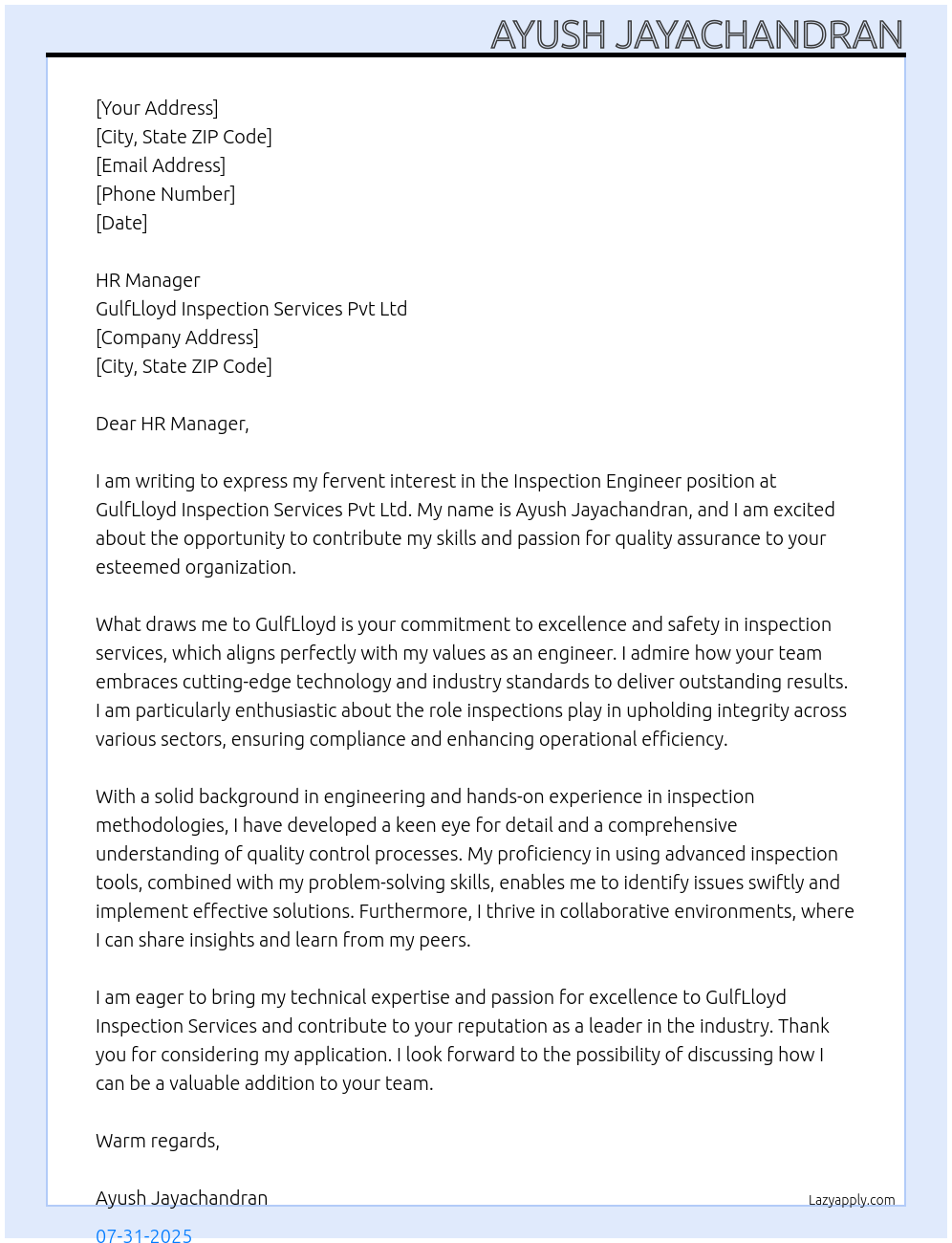 Cover letter for inspection engineer - LazyApply