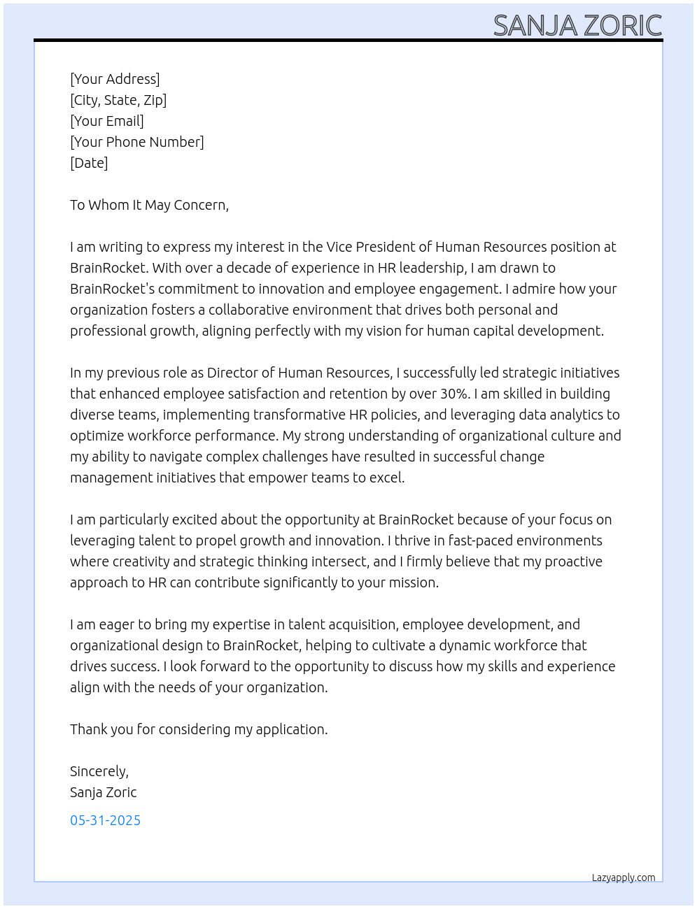 Vice President Human Resources At BrainRocket Cover Letter