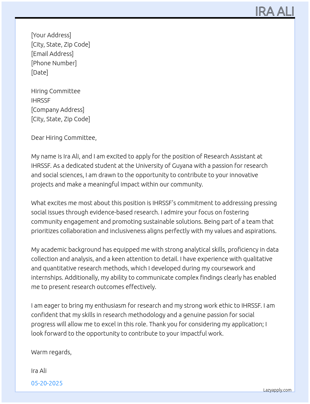 Research Assistant At IHRSSF Cover Letter