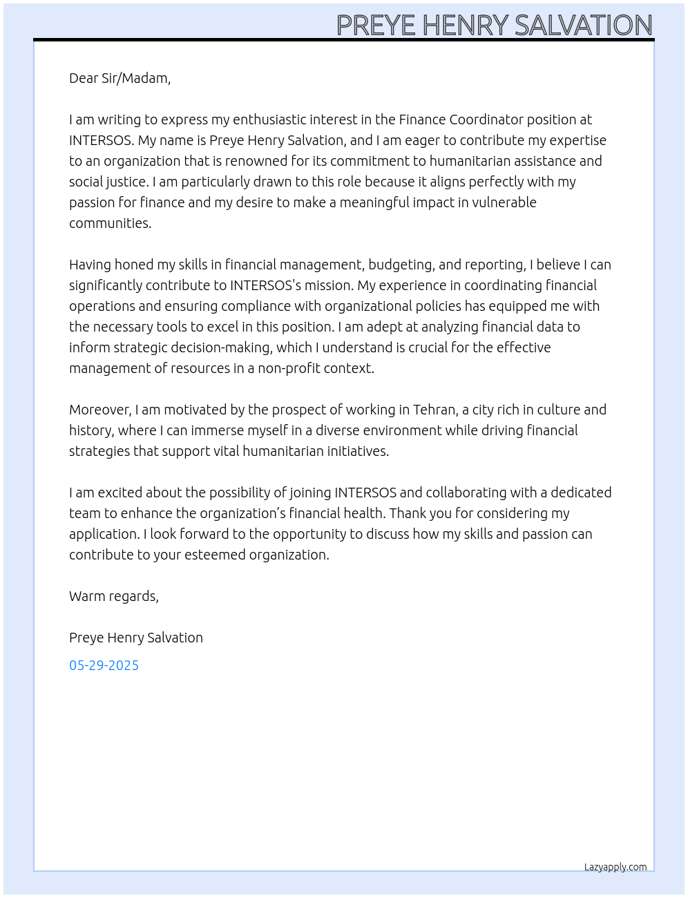 Finance Coordinator At INTERSOS Cover Letter