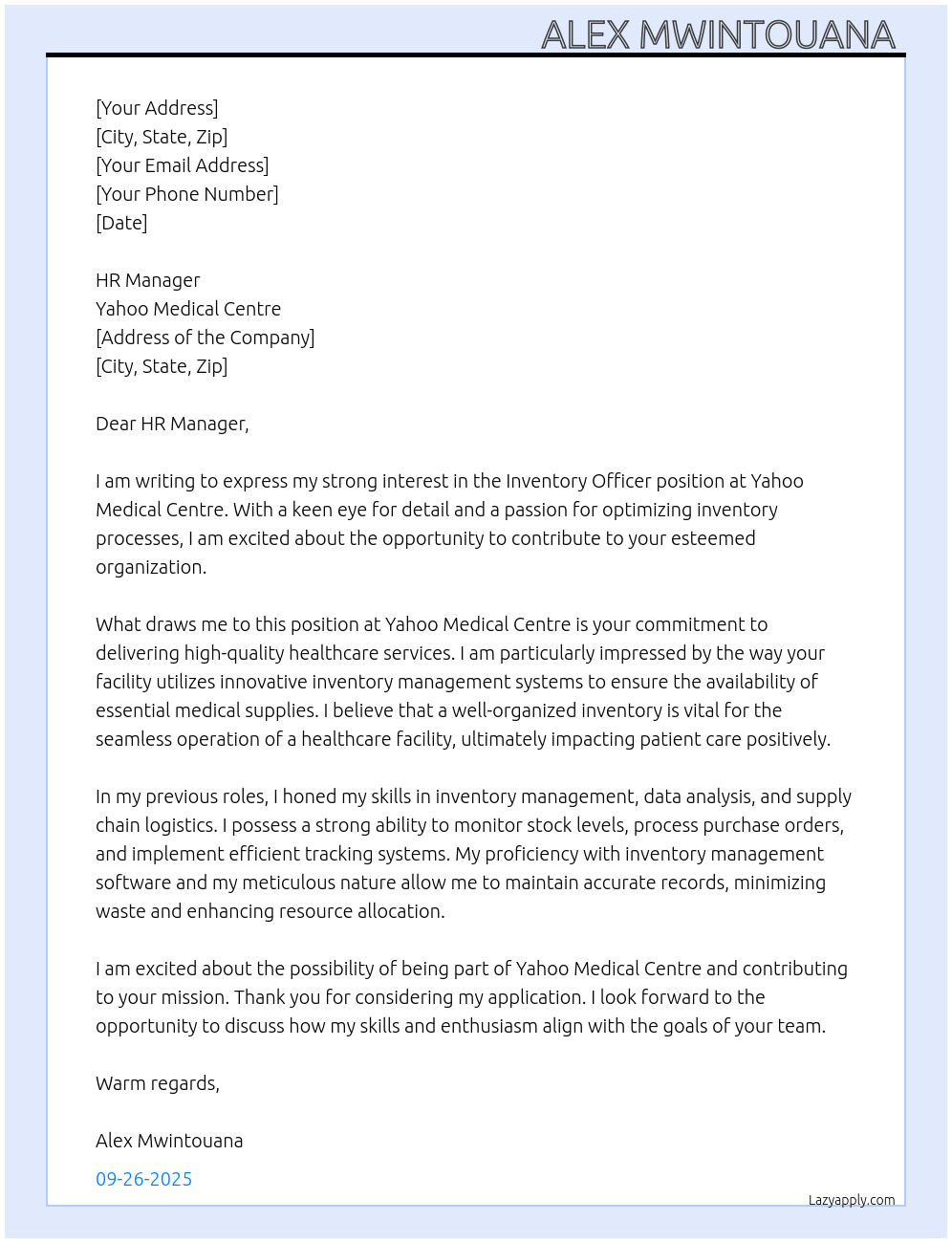 Cover letter for inventory officer - LazyApply