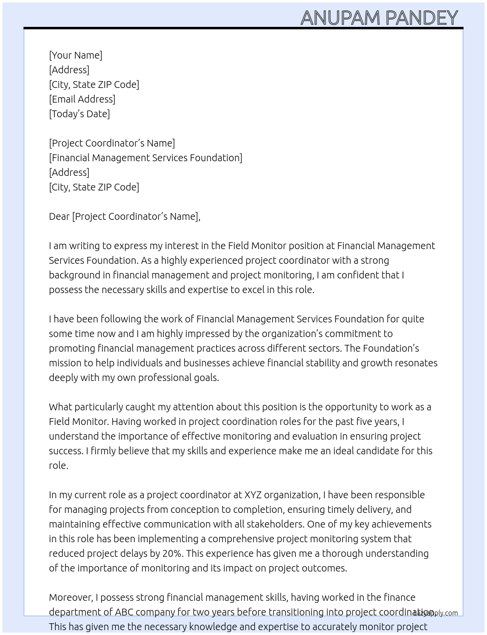 Cover letter for field monitor - LazyApply