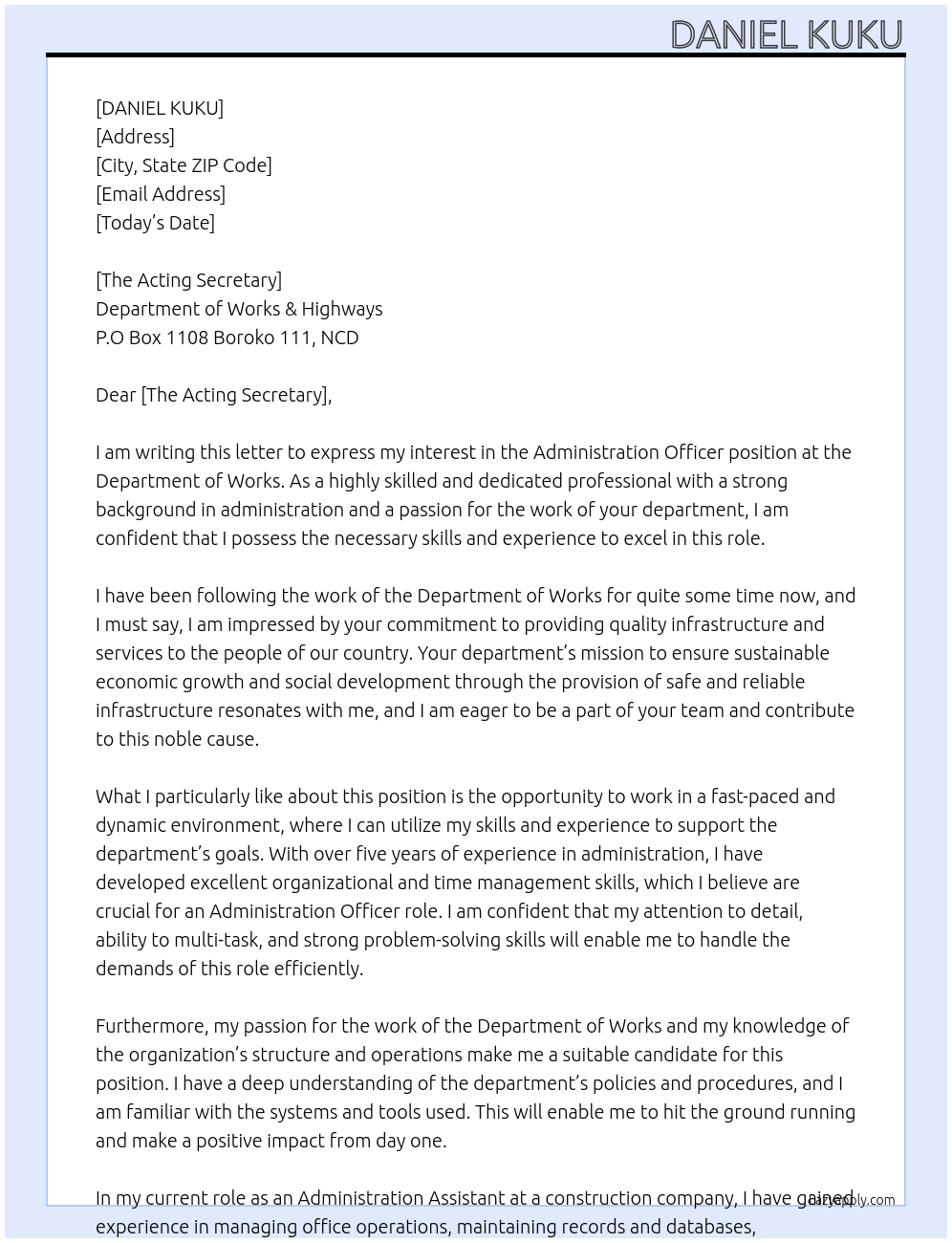 ADMINISTRATION OFFICER At DEPARTMENT OF WORKS Cover Letter