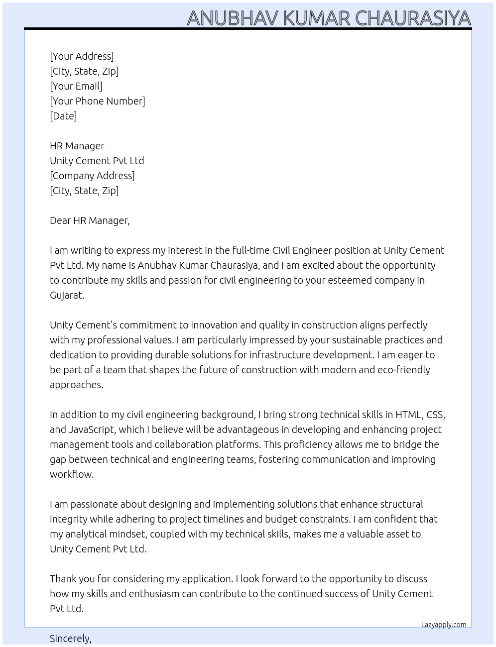 Civil engineer  At Unity cement pvt ltd Cover Letter