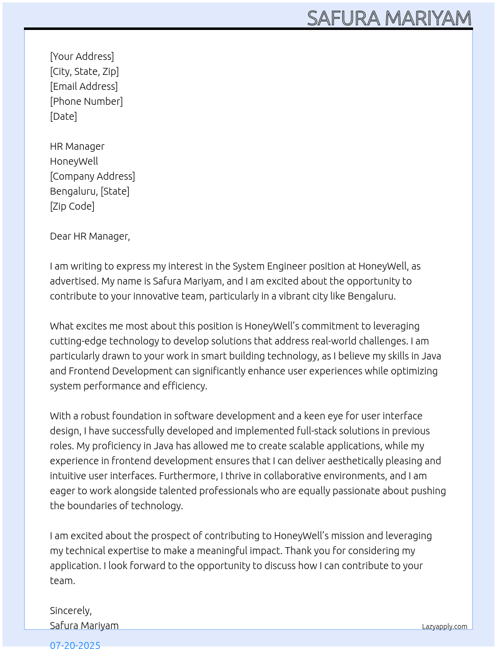 System Engineer At HoneyWell Cover Letter