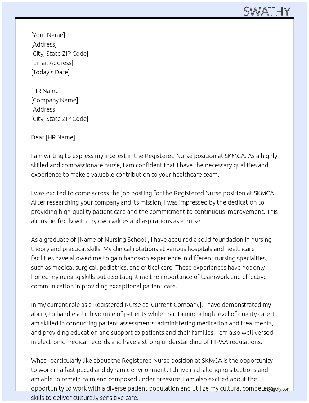 Registered Nurse At SKMCA Cover Letter