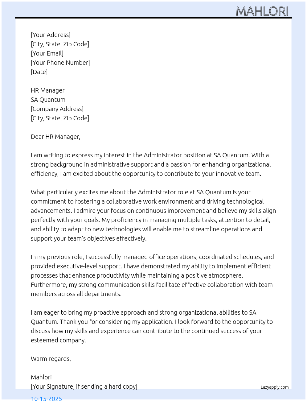 Administrator At SA Quantum Cover Letter