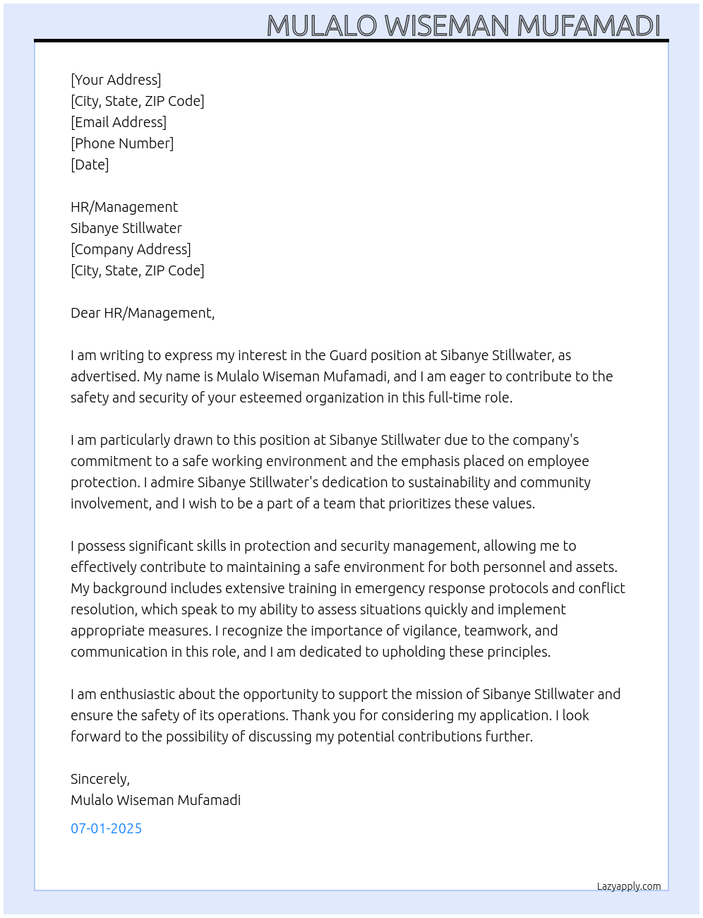Guard  At Sibanye stillwater  Cover Letter