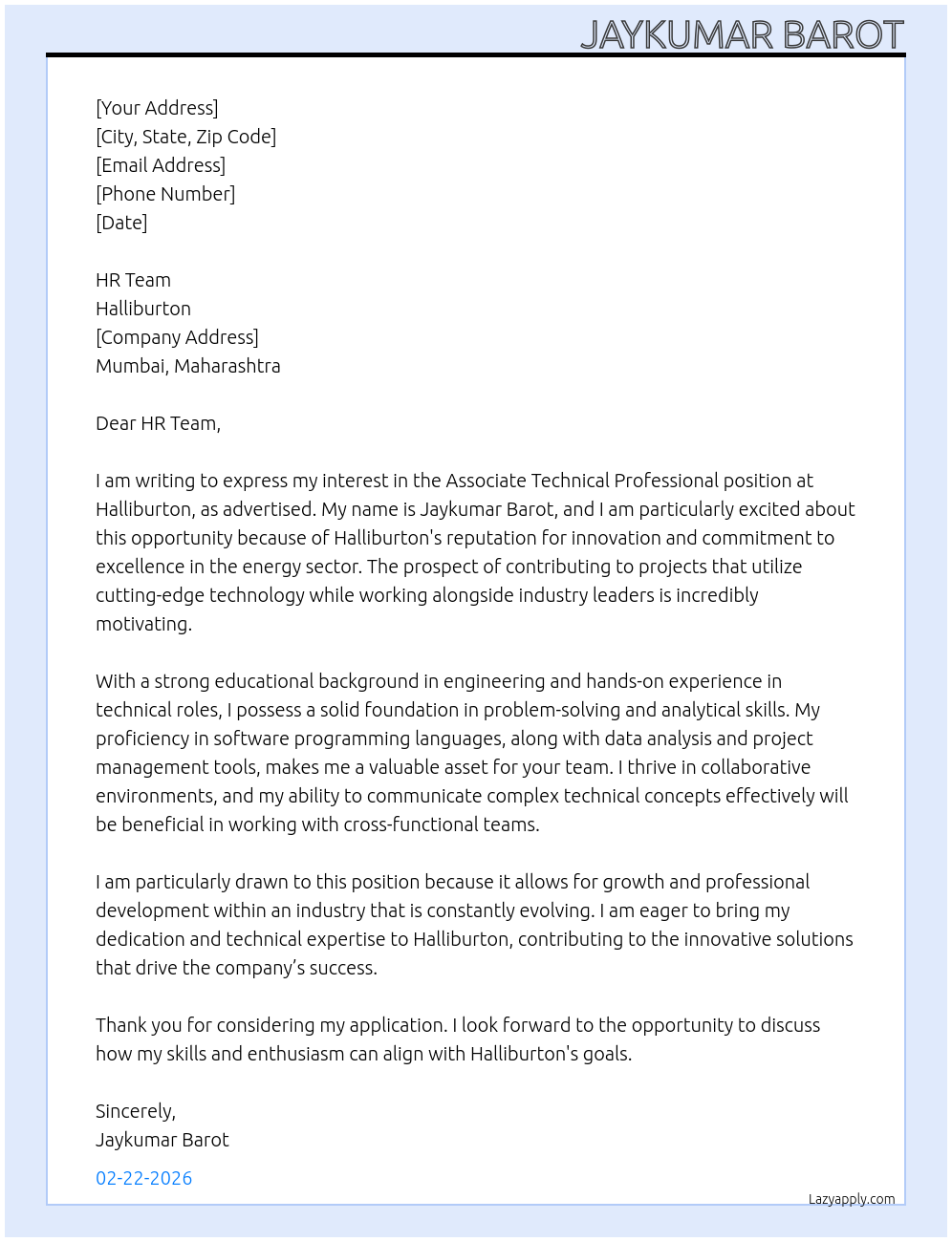 Associate Technical Professional At Halliburton Cover Letter