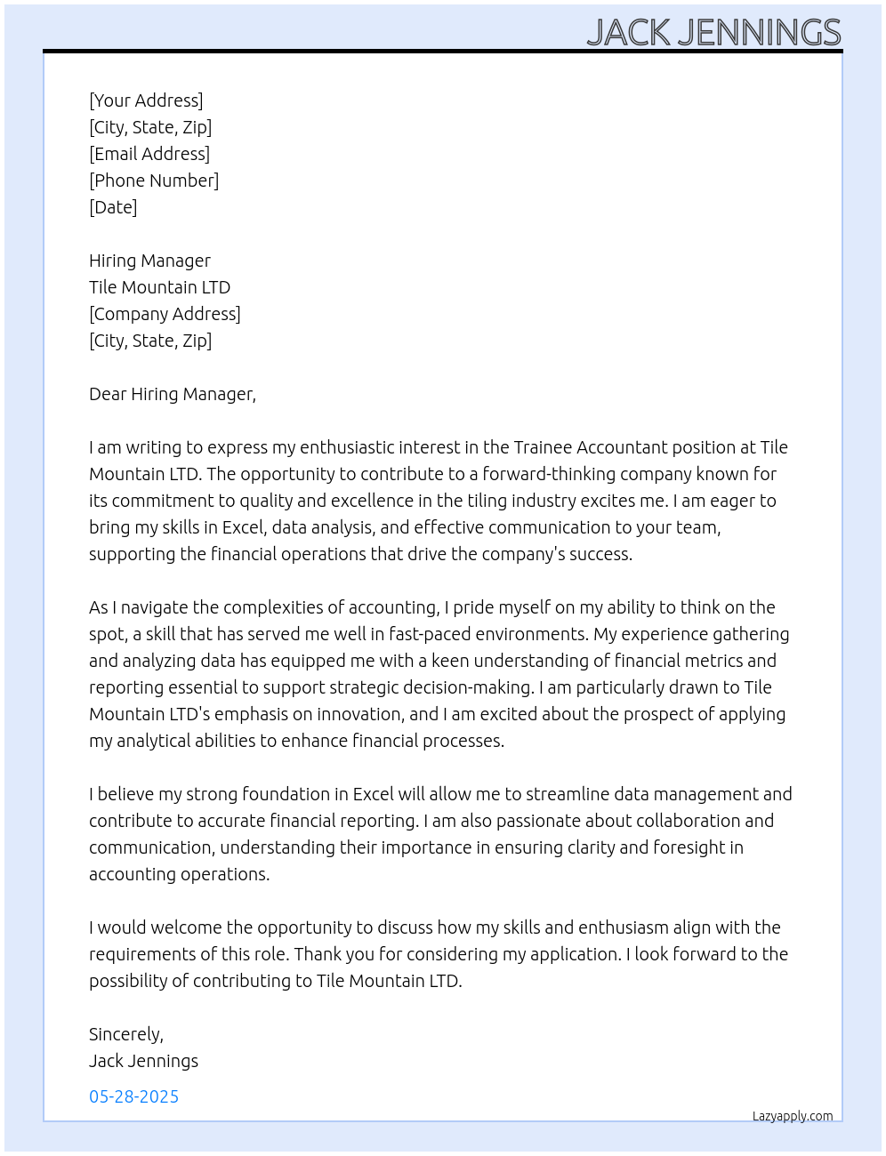 Cover letter for trainee accountant - LazyApply